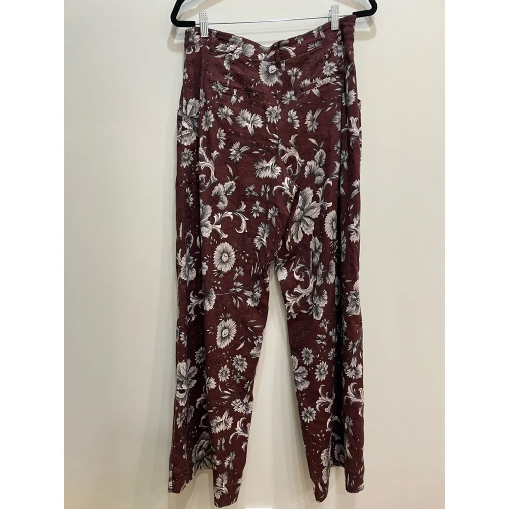 Anthropologie Dark Floral Trouser Pants 8 Linen Blend Brown Wide Leg Boho - Picture 4 of 11